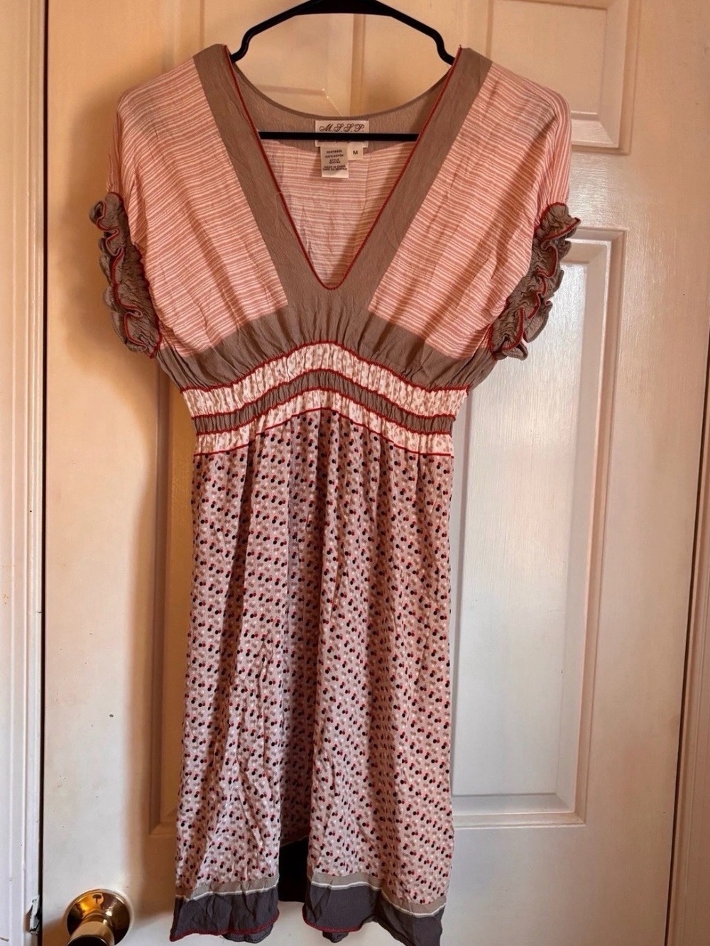 Women’s Pink and Taupe V-Neck Empire Waist Dress